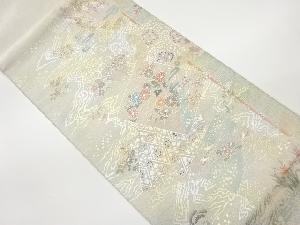 金銀彩色紙に草花・七宝・鳥模様袋帯